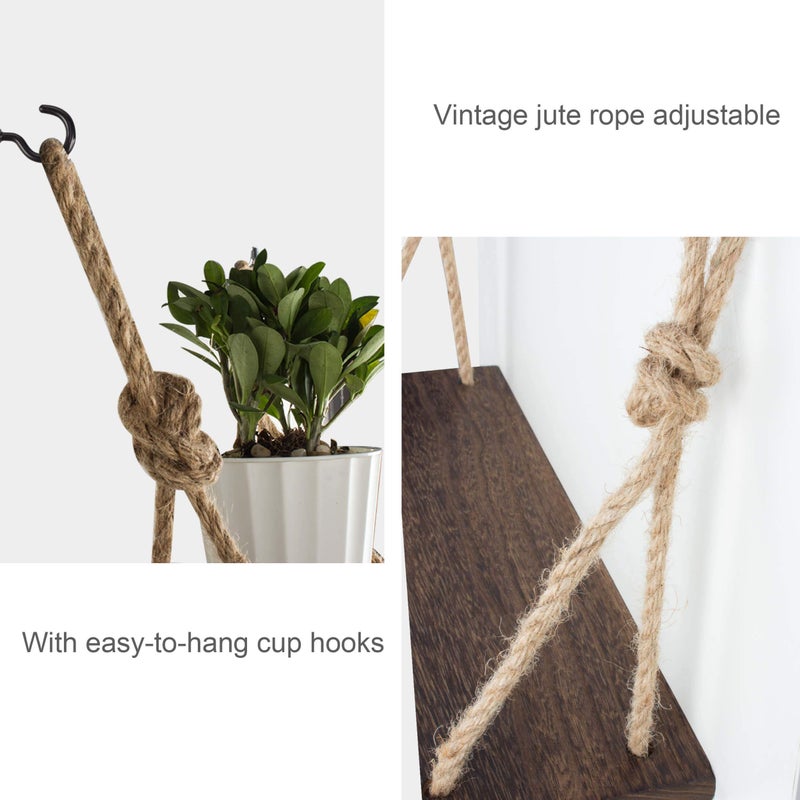 Yankario Rope Hanging Floating Shelves, Rustic Wood Wall Decor Swing Shelf with 4 Hooks, Pack of 2 - Image 3